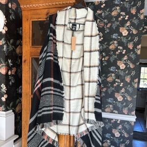 Steve Madden Cream Plaid Fringed Wrap with Black & Rust Accents